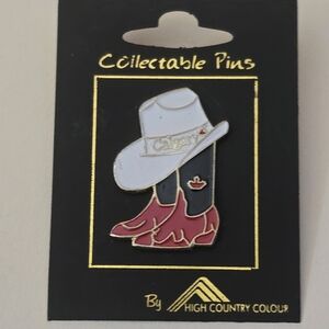 Calgary Alberta Canada Souvenir Lapel Pin White Cowboy Hat Pink Boots